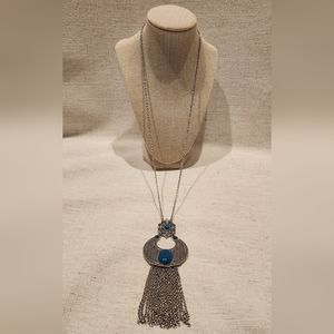 Lia Sophia Long Silver and Turquoise Fringe Necklace